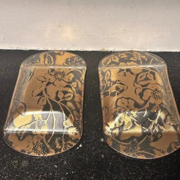 Vintage Glass Trinket Tray 22K GOLD Overlay Raised Floral Design set of 2 - Picture 2 of 3